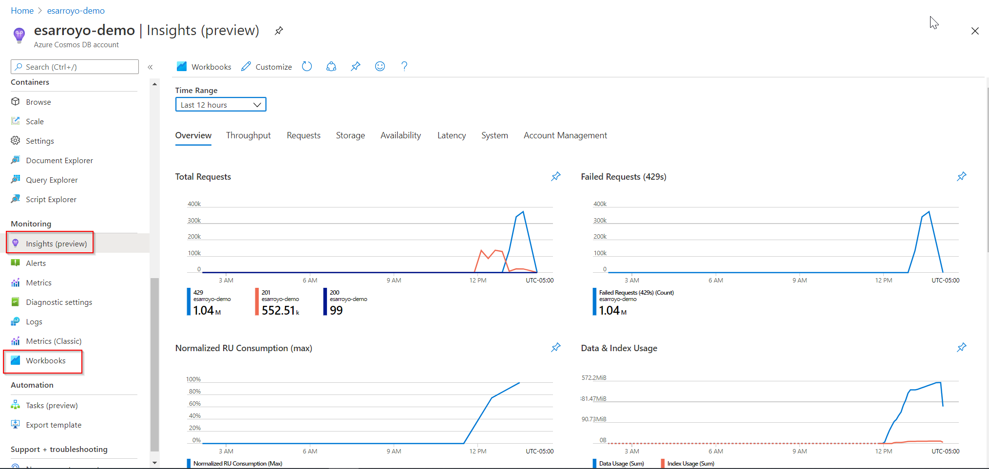 显示 Azure Cosmos DB 见解概述页的屏幕截图。