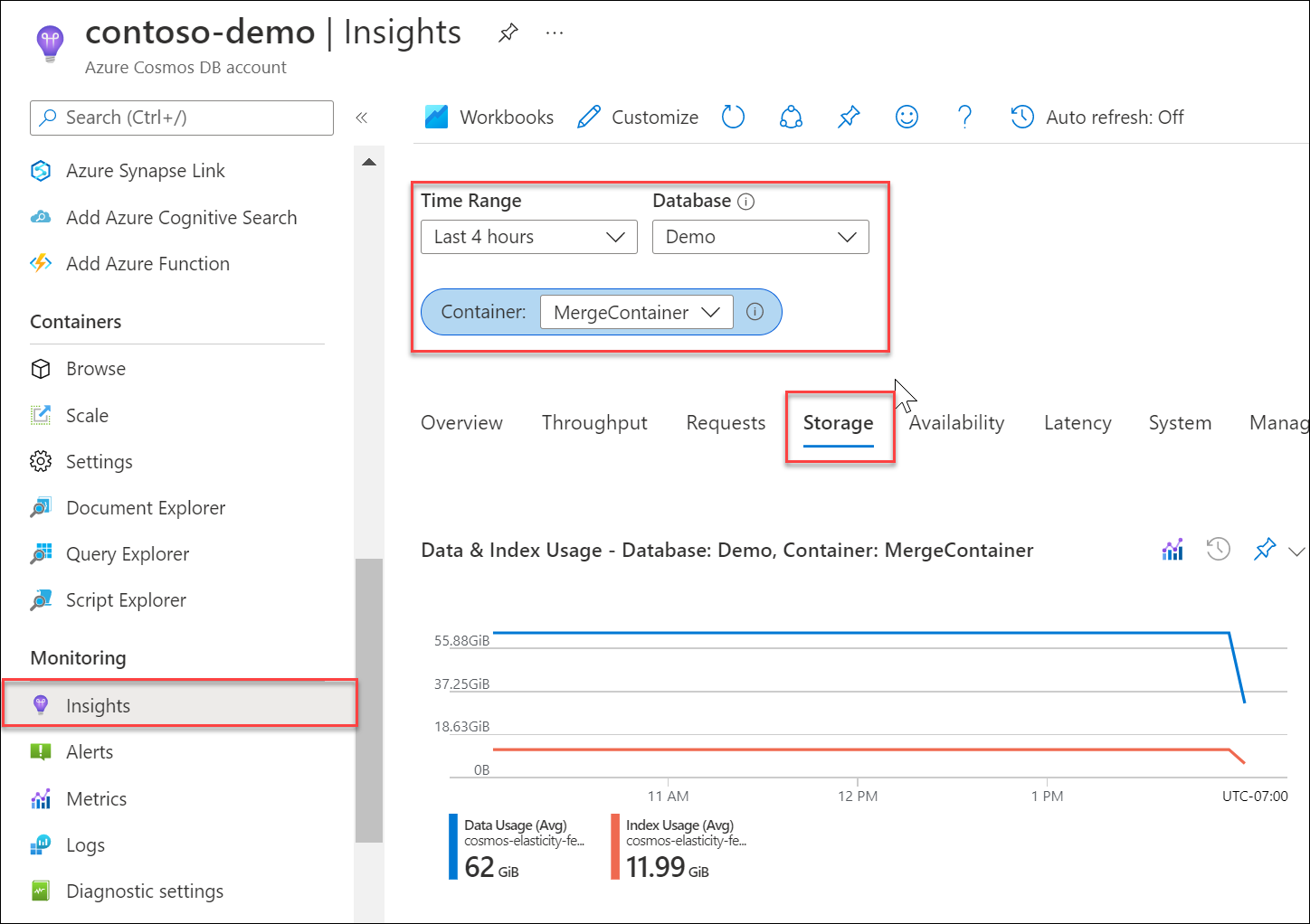 屏幕截图显示 Azure 门户中用于容器的 Azure Monitor 指标“存储(数据 + 索引)”。