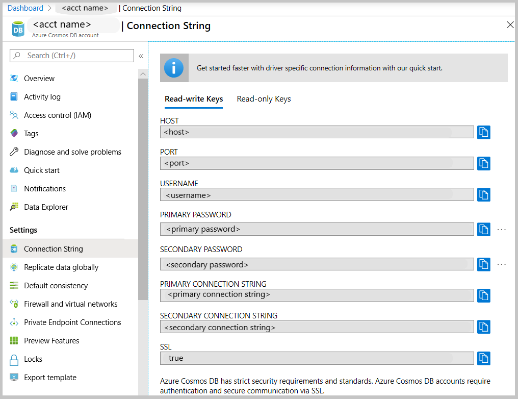 Screenshot of the connection string blade