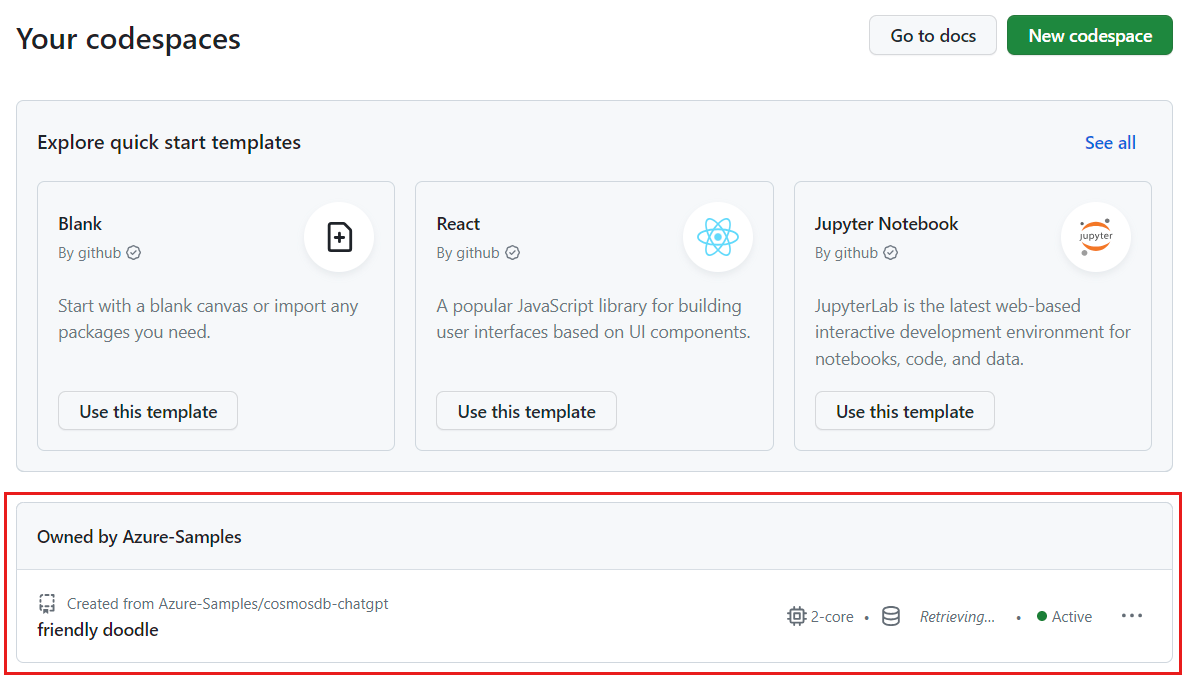 所有运行的 codespace 的屏幕截图，包括它们的状态和模版。