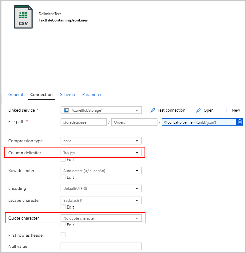 Screenshot that highlights the Column delimiter and Quote character settings.