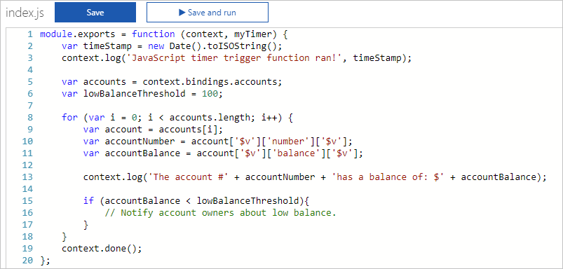 Index.js file for a Timer trigger for a financial scenario