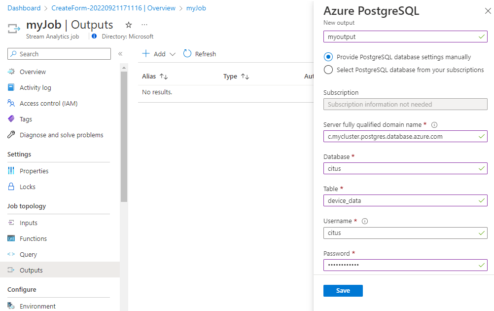 Configure job output in Azure Stream Analytics.