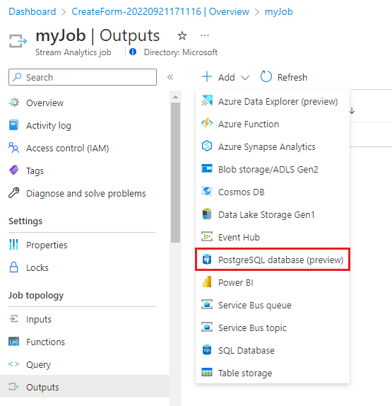 Screenshot that shows selecting PostgreSQL database output.