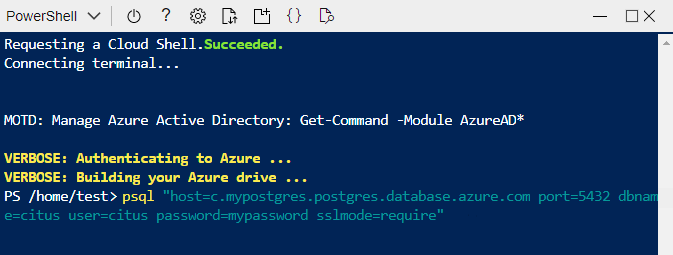 显示 Azure CLI 中正在运行的 psql 的屏幕截图。