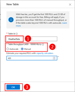 显示 Azure Cosmos DB 表的“新建表”对话框的屏幕截图。