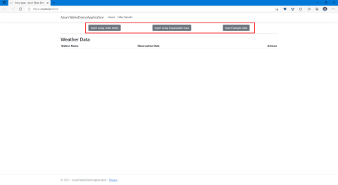 应用程序的屏幕截图，其中显示了用于通过表 API 将数据插入到 Azure Cosmos DB 中的按钮位置。