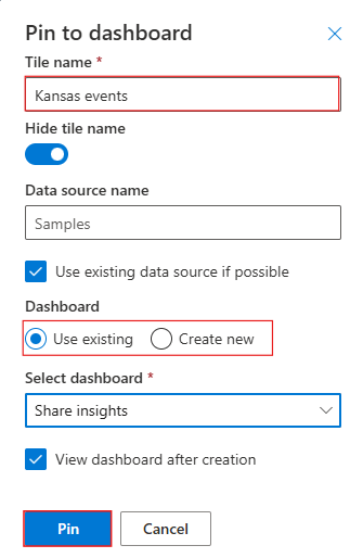 Azure 数据资源管理器 Web UI 中用于将视觉对象固定到仪表板的对话框的屏幕截图。