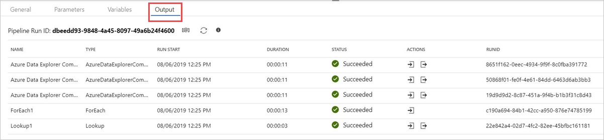 Azure 数据资源管理器命令活动输出。