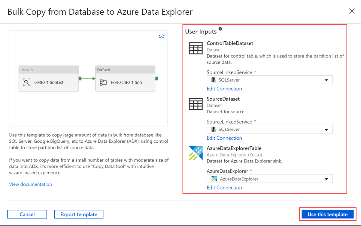 “从数据库批量复制到 Azure 数据资源管理器”窗格