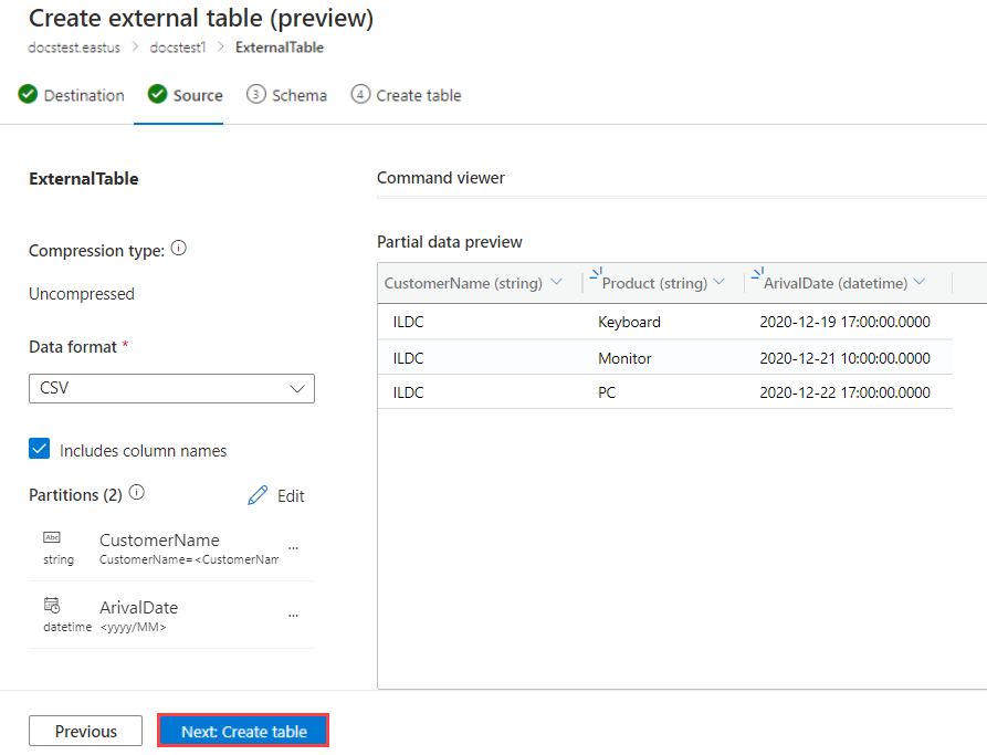 Azure 数据资源管理器中架构外部表的屏幕截图。