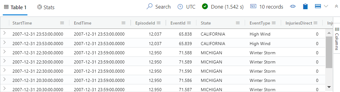 表的屏幕截图，表中列出了 Azure 数据资源管理器 Web UI 中的 10 个风暴事件。