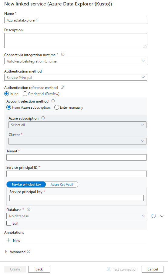 Azure 数据资源管理器的链接服务配置的屏幕截图。