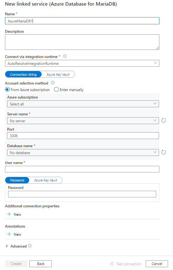 Azure Database for MariaDB 的链接服务配置的屏幕截图。