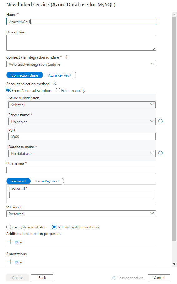 配置到 Azure Database for MySQL 的链接服务。