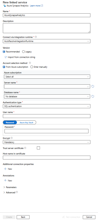 Azure Synapse Analytics 链接服务的配置屏幕截图。