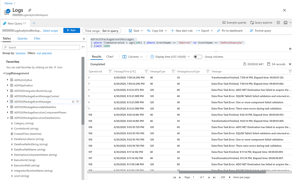 在 Log Analytics 上查询 SSIS 包执行日志