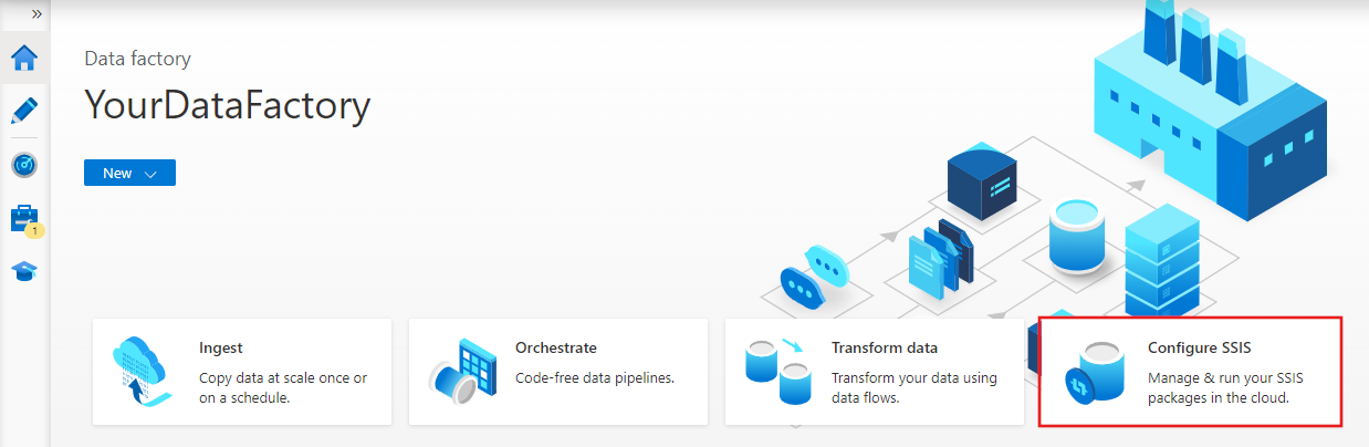 屏幕截图显示 Azure 数据工厂主页。