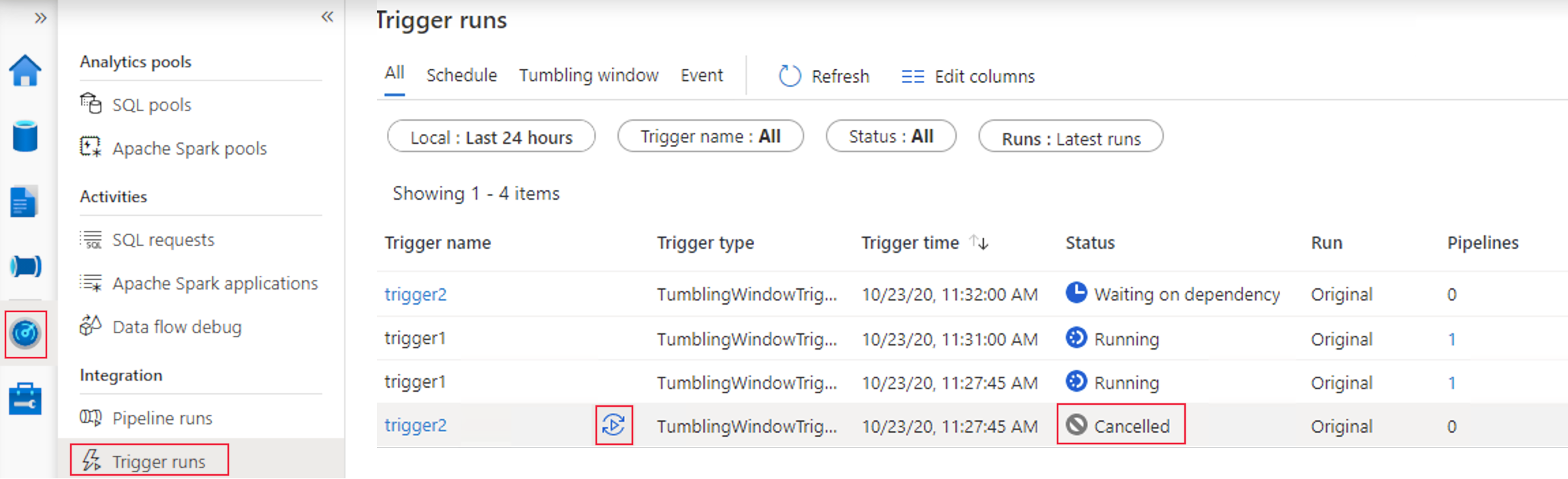 显示重新运行以前在 Azure Synapse 中取消运行的翻转窗口触发器的屏幕截图。