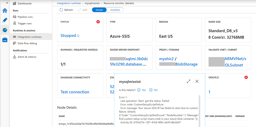 监视 Azure-SSIS IR -“错误”磁贴