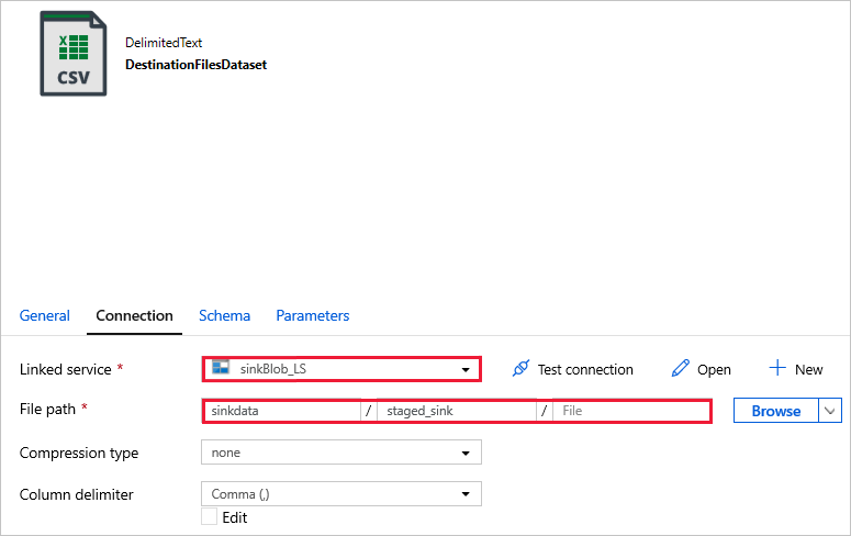 针对 DestinationFilesDataset 的链接服务和文件路径的选择