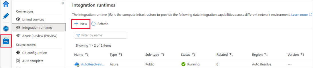 展示了如何新建 Azure IR 的屏幕截图。