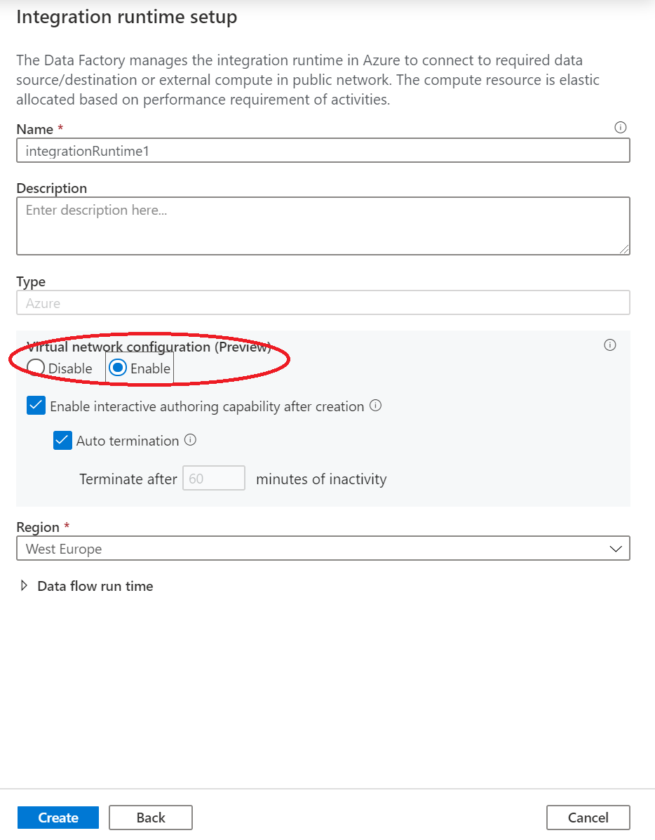 展示了如何启用新 Azure IR 的屏幕截图。