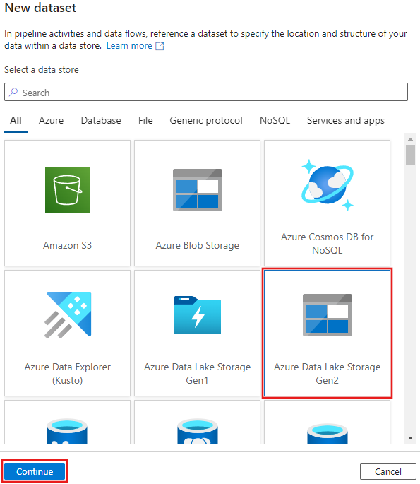 屏幕截图显示从“新数据集”窗口中的何处选择 Azure Data Lake Storage Gen2。