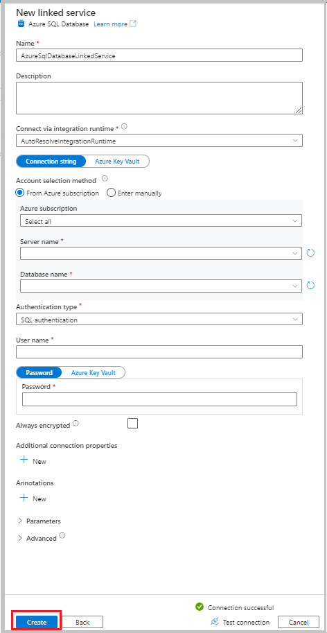 显示 Azure SQL 数据库链接服务的设置的屏幕截图。