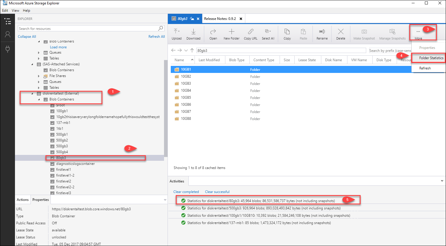 Screenshot showing Folder Statistics for a Blob in Azure Storage Explorer. A Blob Container, Blob, and Folder are selected. The Folder Statistics option and a statistics set are highlighted.