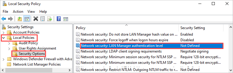 该屏幕截图显示“本地安全策略”编辑器中的“安全选项”。突出显示了“网络安全：LAN Manager 身份验证级别”策略。