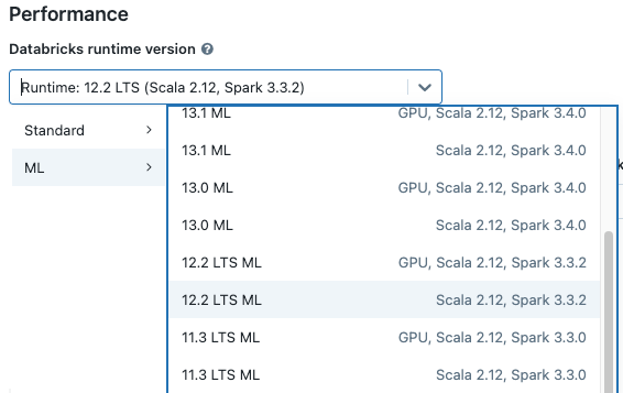 选择 Databricks Runtime ML