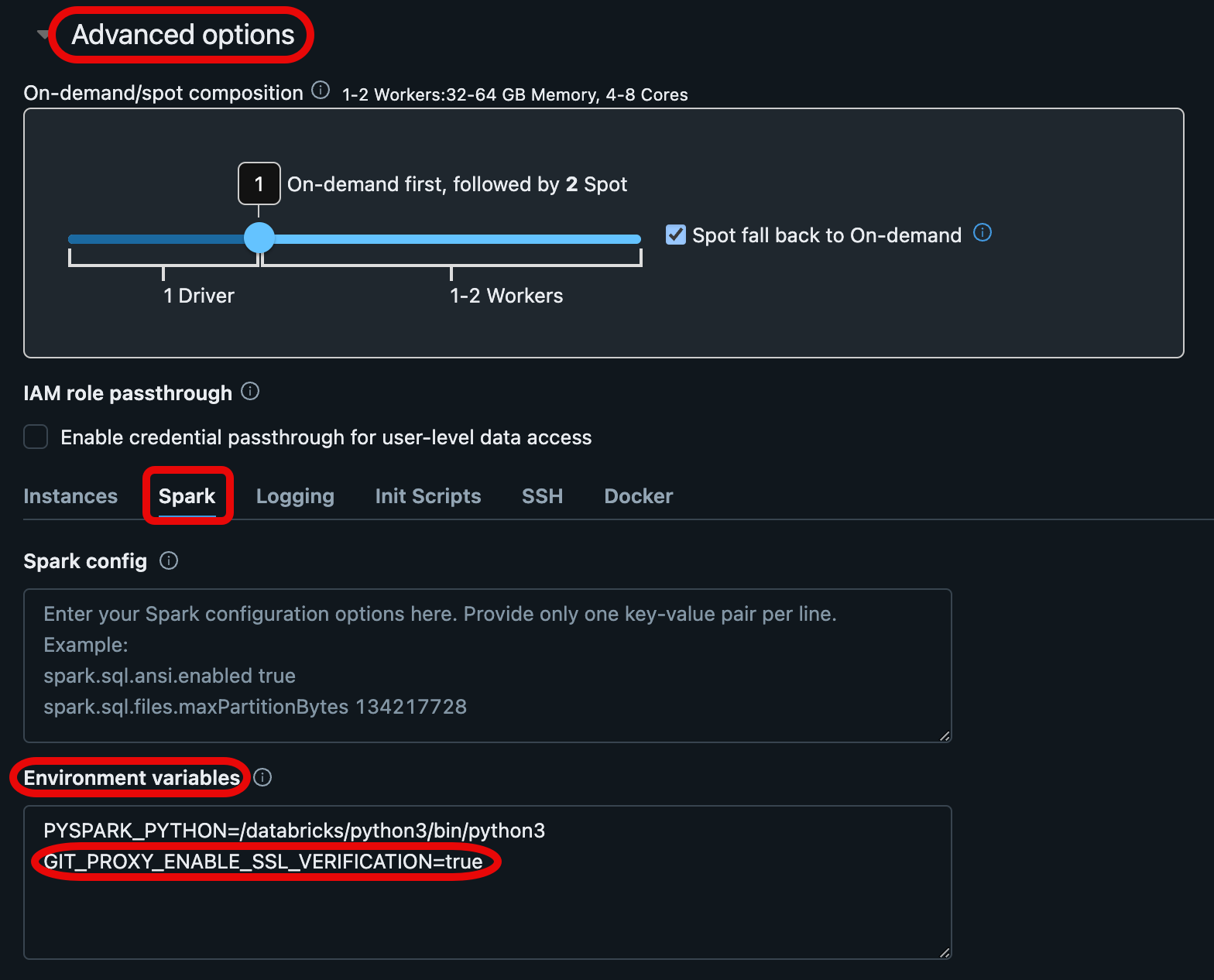 为 Git 代理设置环境变量的 Databricks 计算配置页面