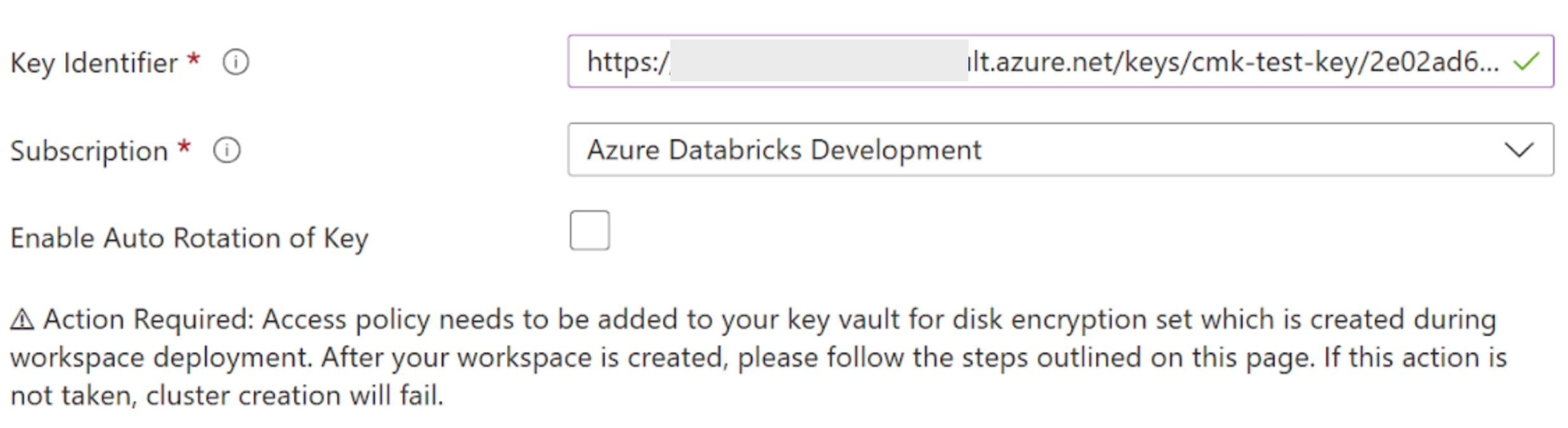 显示“Azure Databricks”边栏选项卡的“托管磁盘”部分中的字段