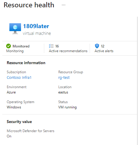 资源运行状况页的左窗格显示有关资源的订阅、状态和监视信息。它还包括未完成的安全建议和 Azure Defender 警报的总数。