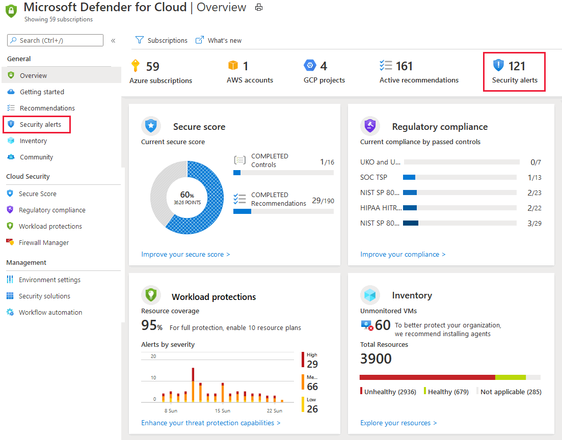 从 Microsoft Defender for Cloud 的“概述”页进入“安全警报”页的屏幕截图。