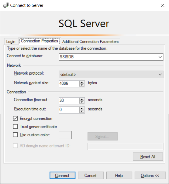 “SSIS 连接属性”选项卡的屏幕截图。