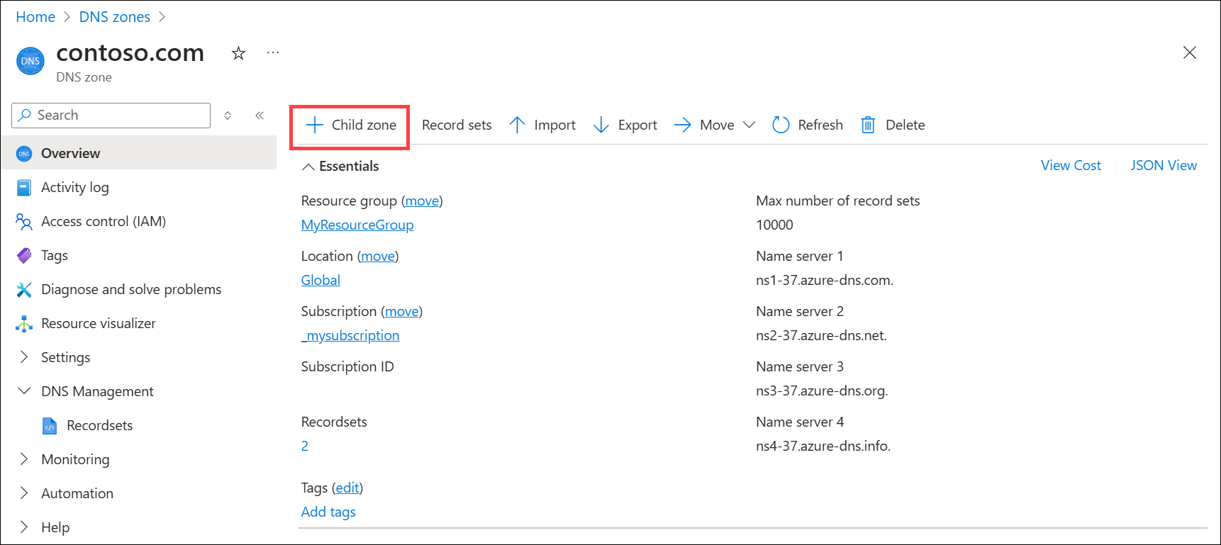 Azure DNS 区域的屏幕截图，其中显示了“添加子区域”按钮。