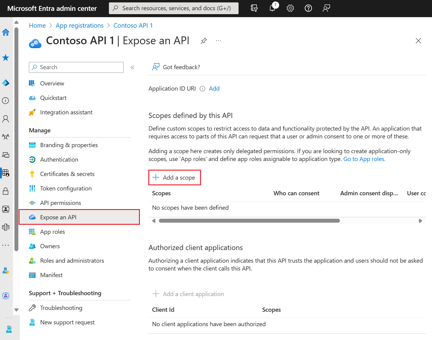 Azure 门户中应用注册的“公开 API”窗格