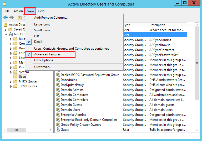 Active Directory 用户和计算机显示“高级功能”