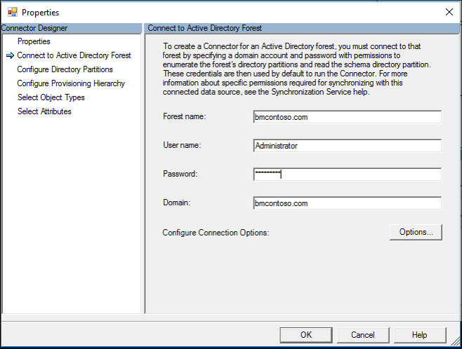 此屏幕截图显示了“属性”窗口中的“连接到 Active Directory 林”页。