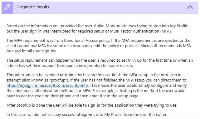 MFA 验证诊断结果的屏幕截图。