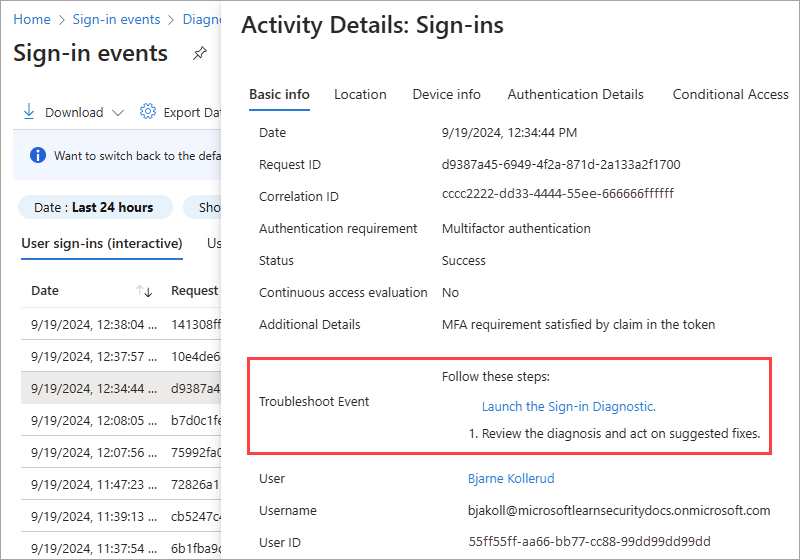 显示如何从 Microsoft Entra ID 启动登录诊断的屏幕截图。