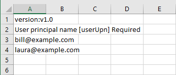 用于向管理单元批量添加用户的已编辑 CSV 文件的屏幕截图。