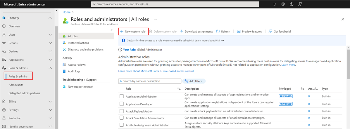 在 Microsoft Entra ID 中从角色列表添加新的自定义角色