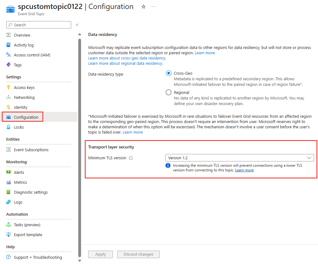 Screenshot showing the page to set the minimum TLS version for an existing Event Grid topic.