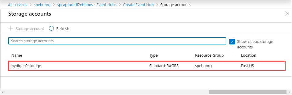 显示选择 Data Lake Storage Gen 2 帐户的屏幕截图。