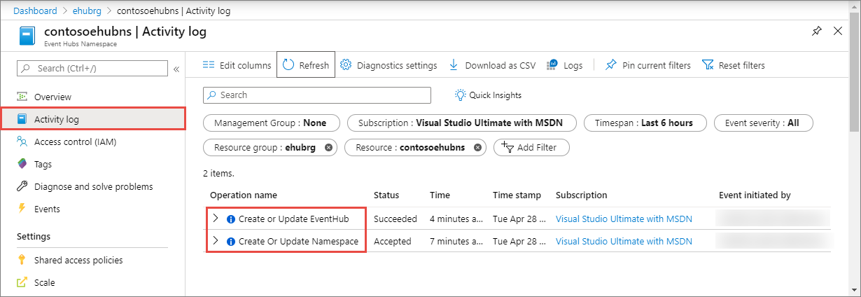 Activity log for an Event Hubs namespace