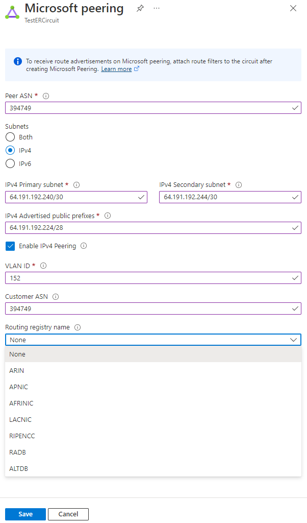 显示如何更新 Microsoft 对等互连配置的屏幕截图。