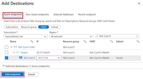 添加 Azure 目标终结点的屏幕截图。